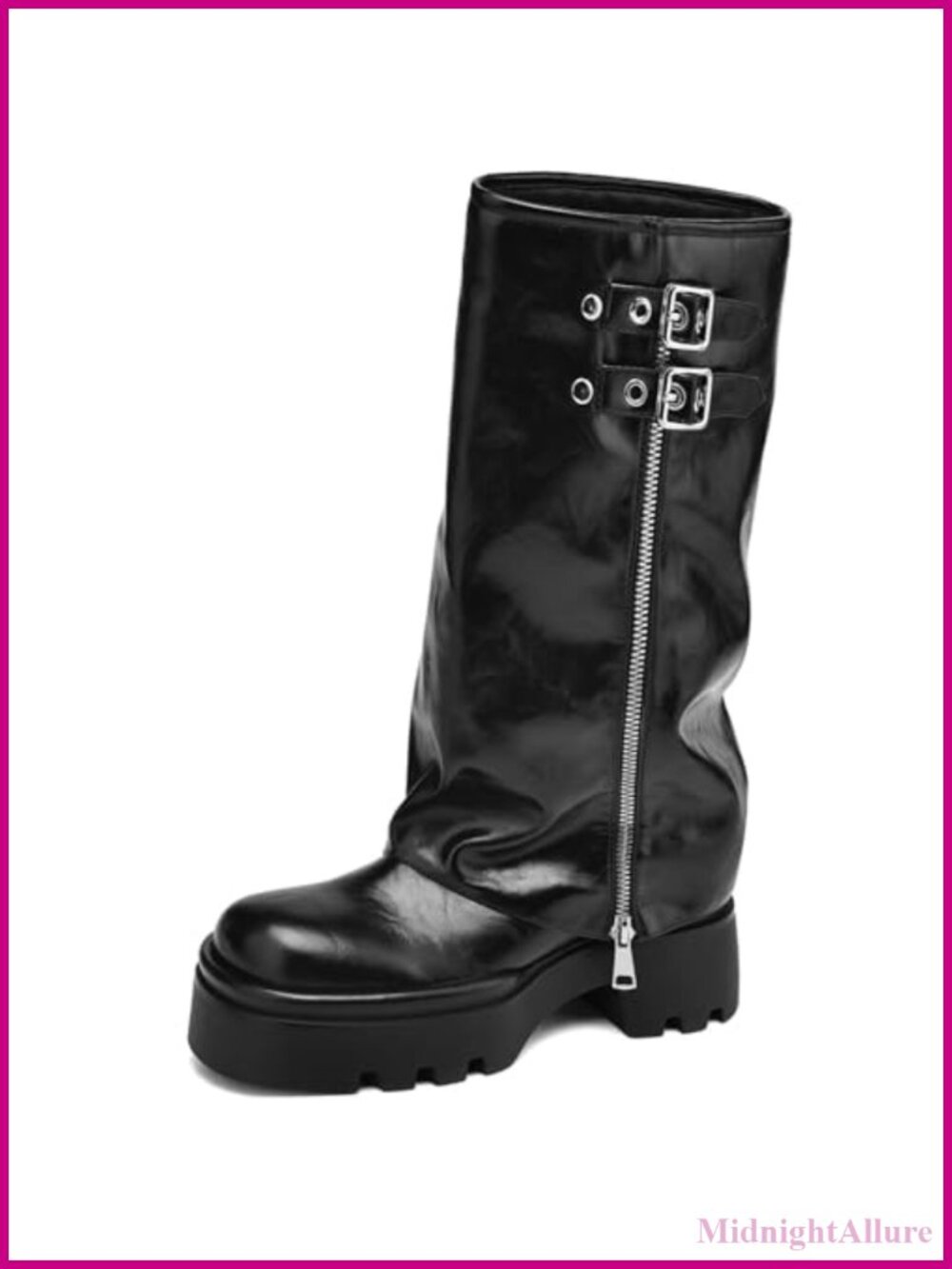 Women's Faux Leather Knee High Riding Boots Fold Over Chunky Platform Heel
